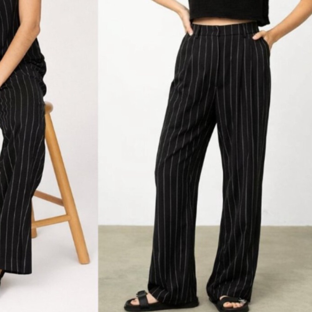 DONNI JET BLACK PINSTRIPE LINEN BLEND PANTS SIZE SMALL
